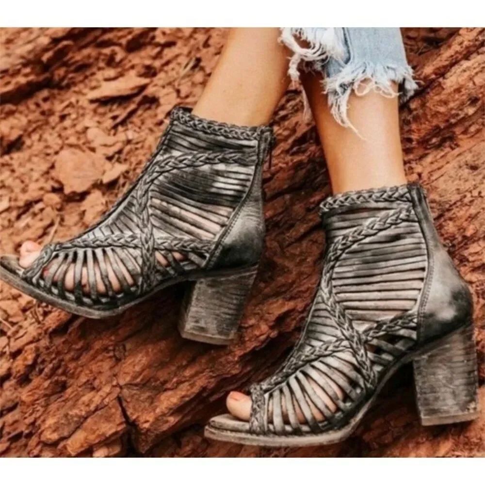 NWOT Freebird By Steven Bela Distressed Black 100% Leather Bootie Heeled Boots 7
